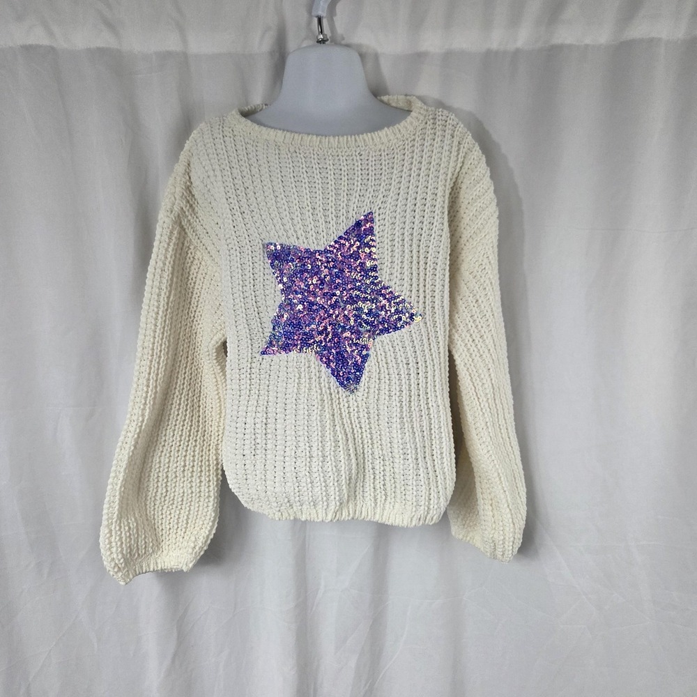 H&M Sweater Girls 5-6 White Sequin Star Chunky Knit Pullover Winter Long Sleeve